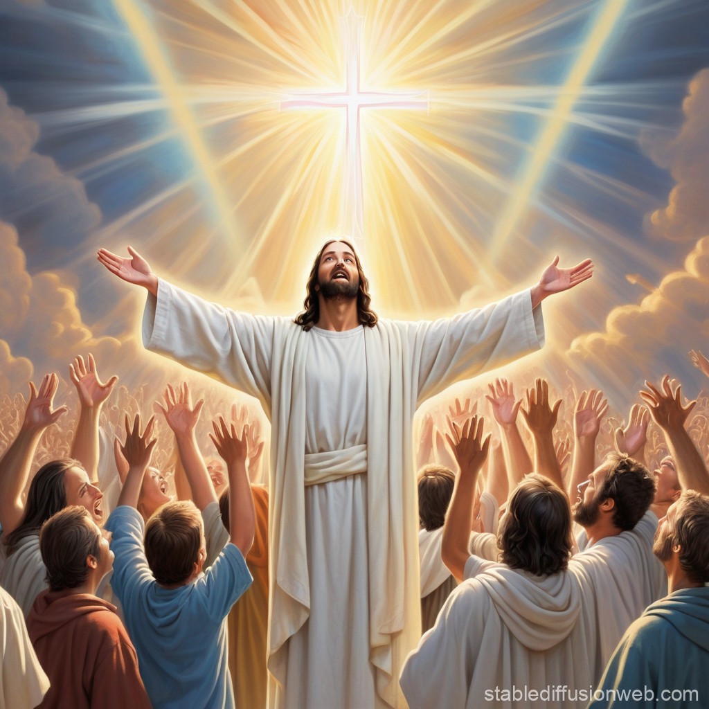 Jesus with arms lifted beneath a radiant cross, surrounded by worshippers in golden light